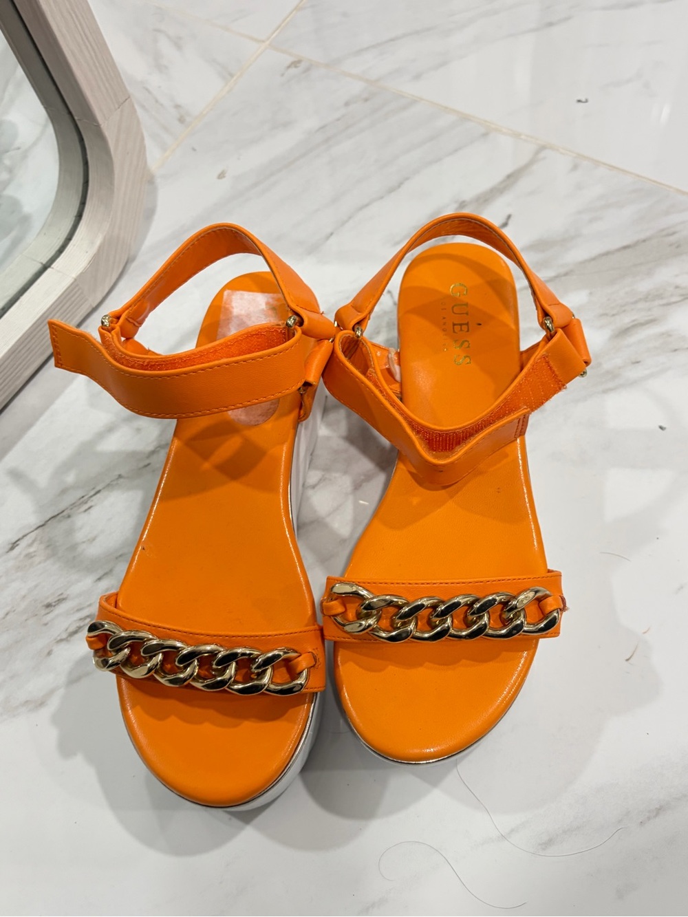 GUESS Orange Patent Sandals with Gold Chain Accent